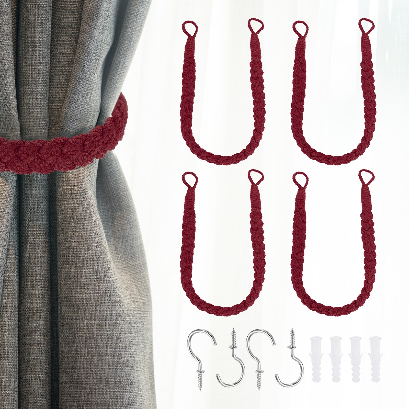 4Pcs Rope Curtain Tiebacks, 23.6″ Hand-Woven Curtain Holdback, Wine Red
