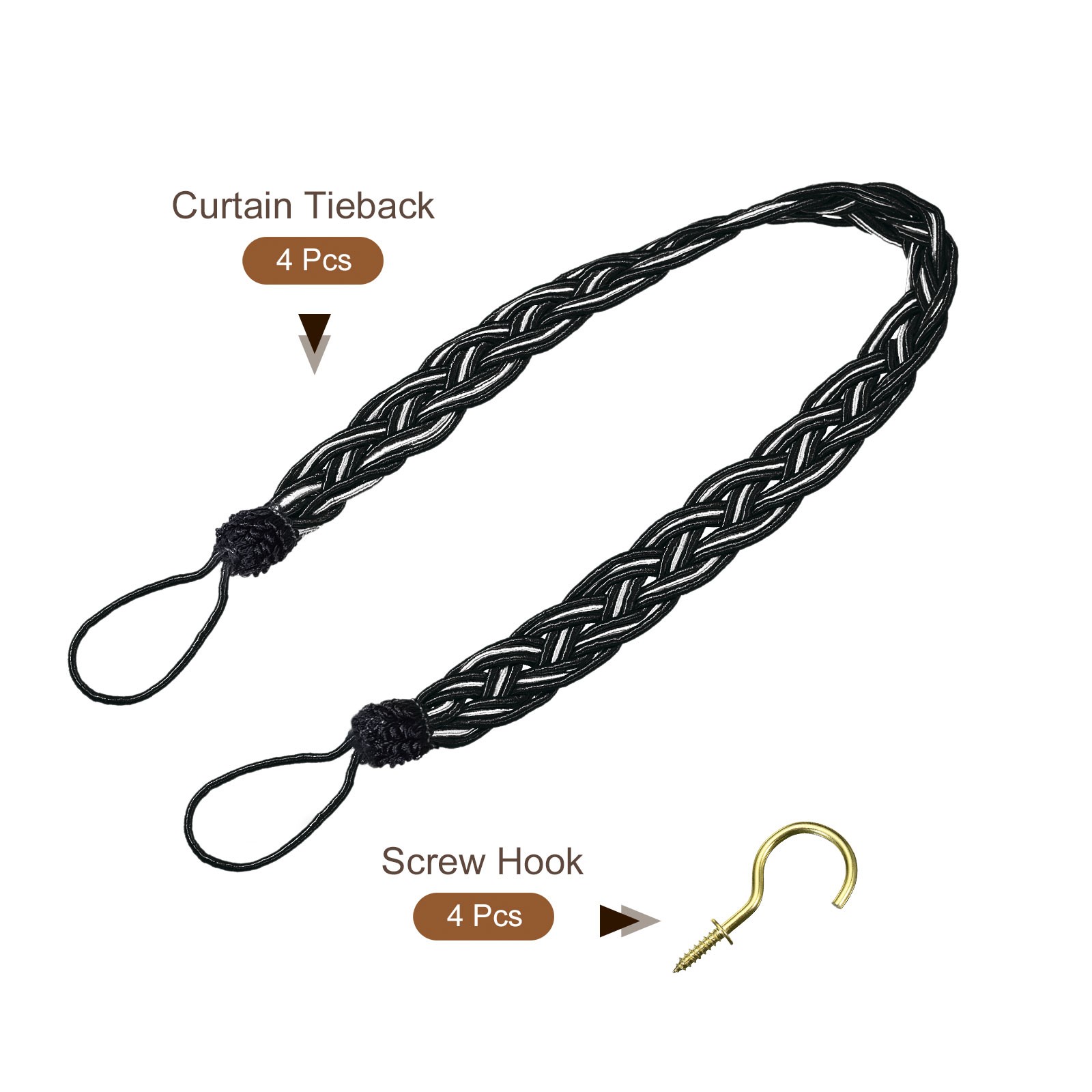 4Pcs 23″ Curtain Tiebacks Braid Drapery Holdback Holder with Hooks Black/Silver