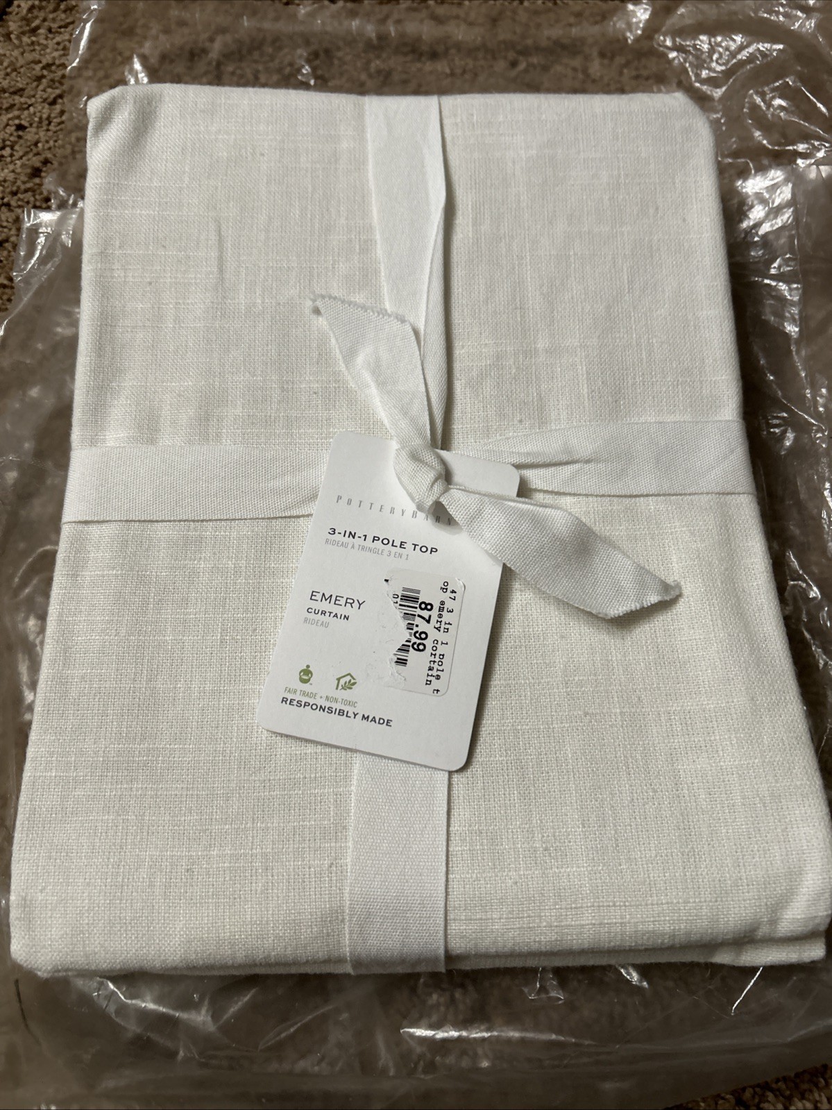 Pottery Barn 3-in-1 Pole Top Emery Curtain Panel-50″x84” Light Filtering- White
