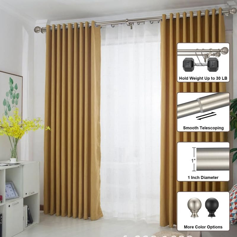 Brushed Nickel Double Curtain Rods – Adjustable 144-164 Inch Rods with round Fin