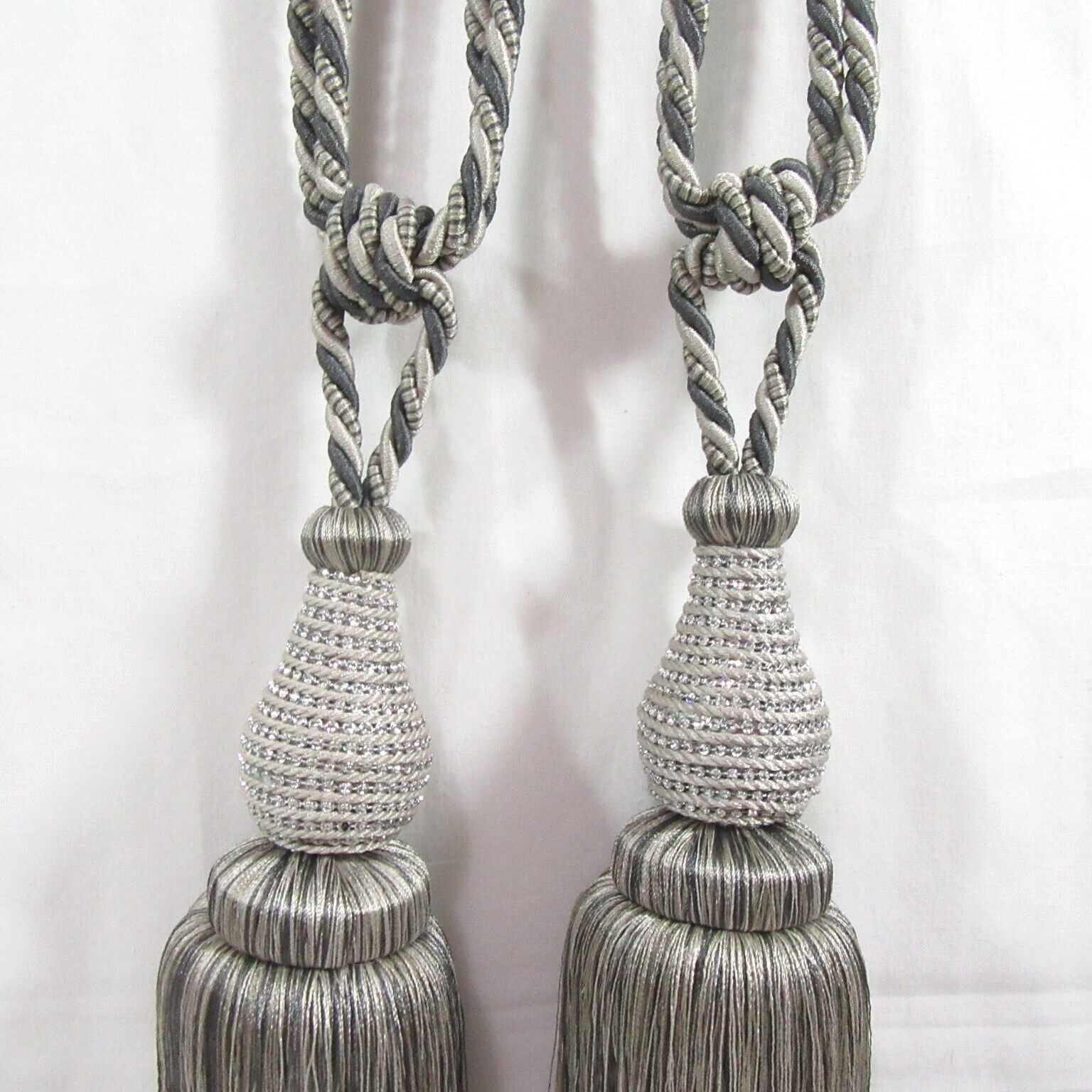 Rhinestone Embellished Silver Gray Large Tassel 4pc Tieback Set