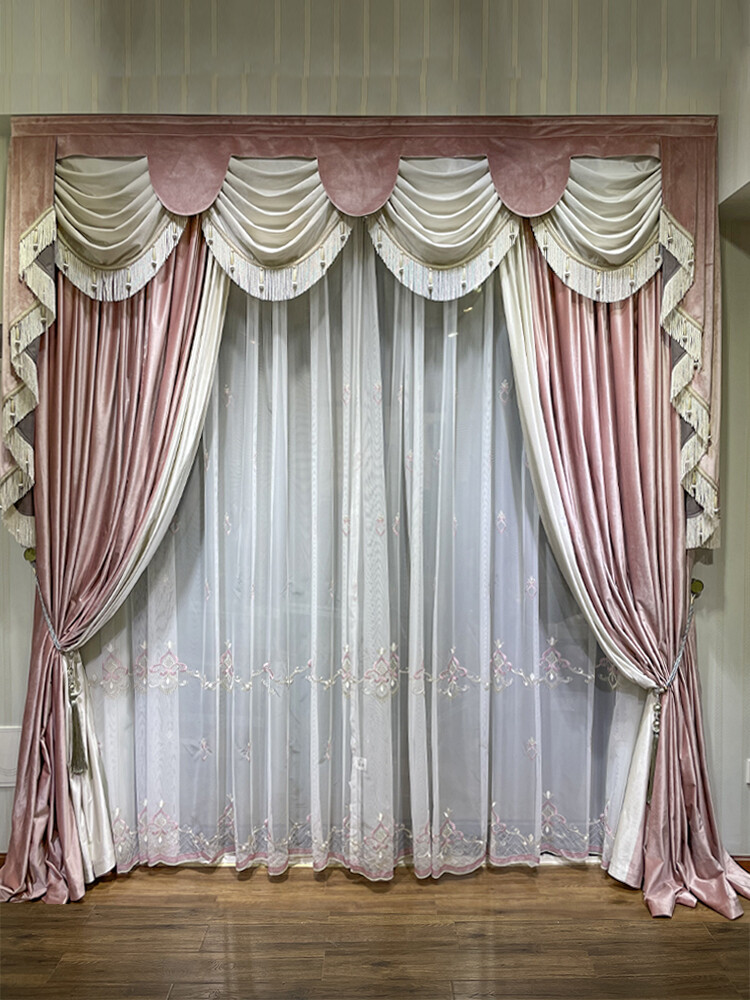 luxury flannel French pink Beige thick Splicing velvet cloth curtain M1324