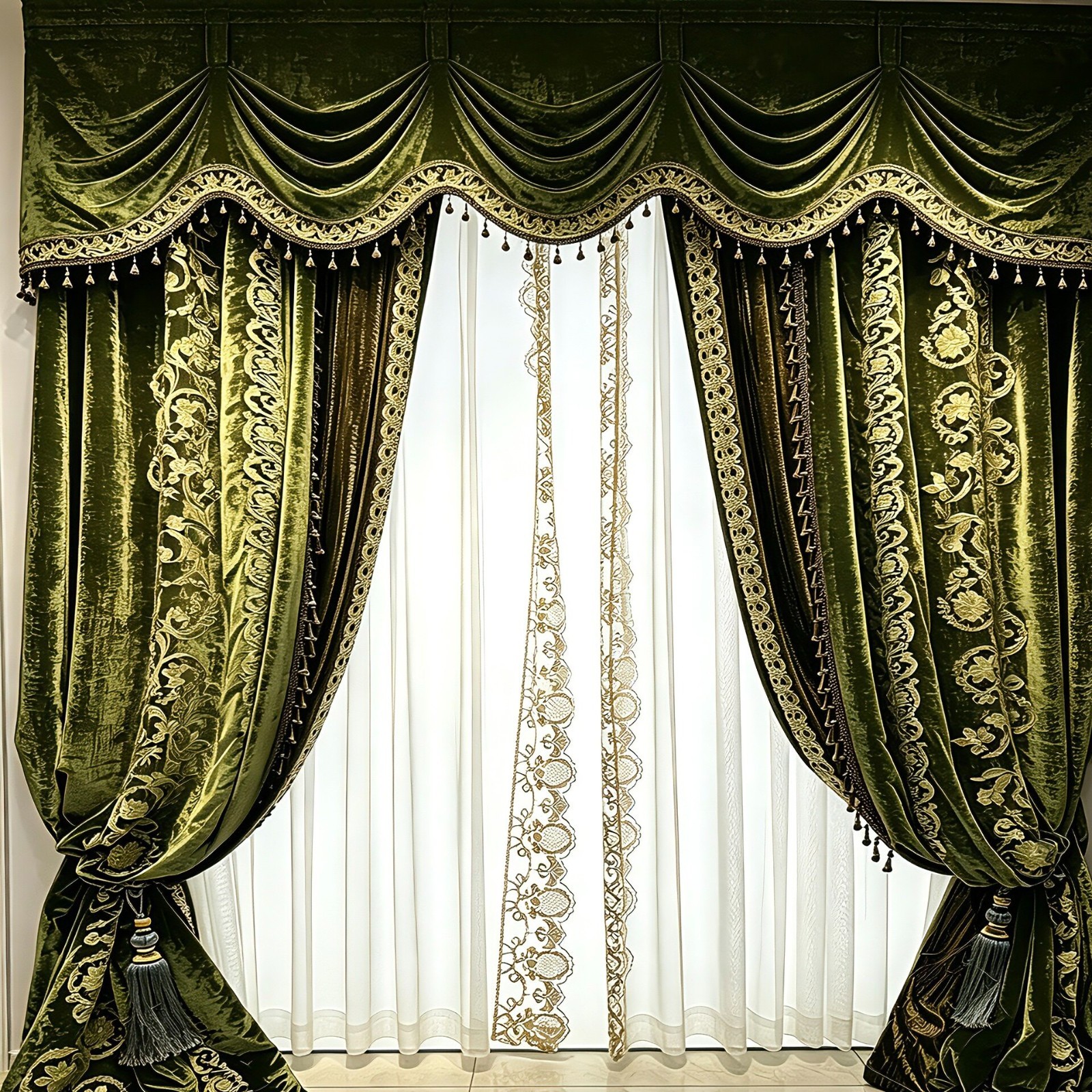 European luxury embroidery green flannel valance window curtain tulle M1896