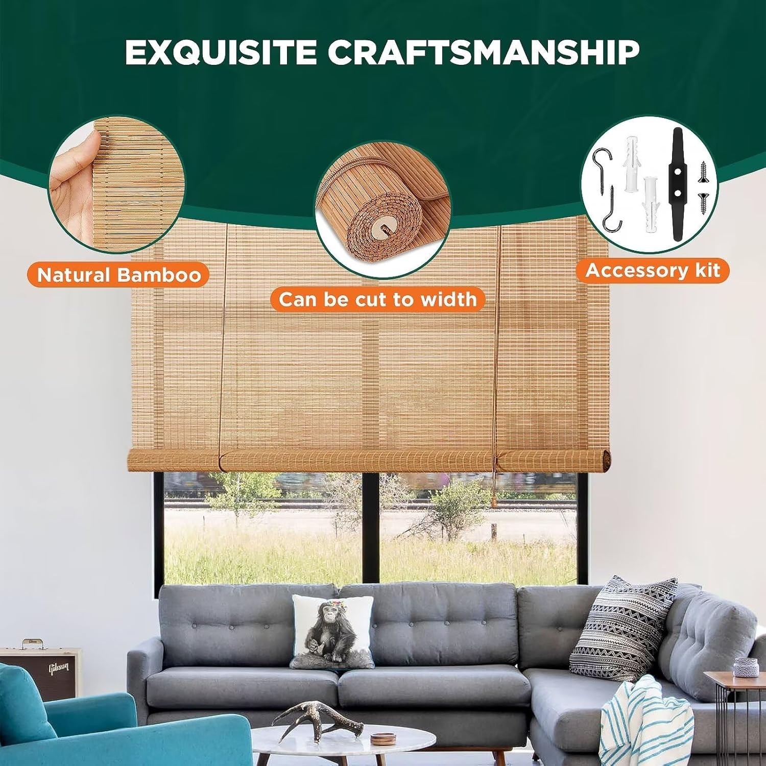 Customizable Bamboo Shades: 23″ W x 48″ H Light Filtering Window Treatments