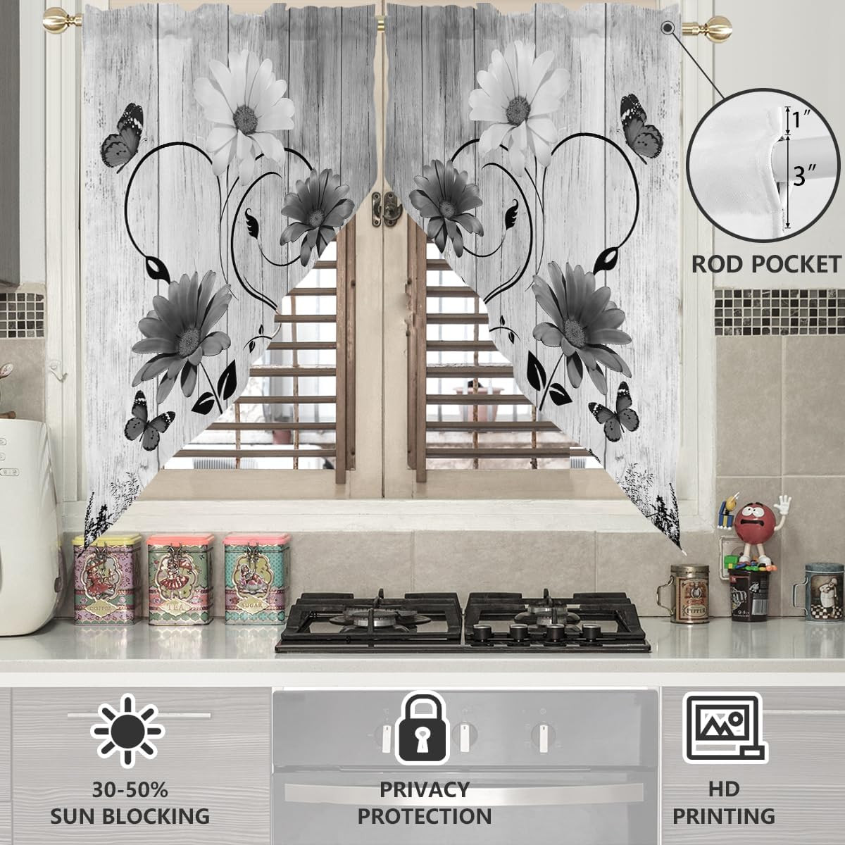 Black Floral Kitchen Swag Curtains, Vintage, 28″ W x 36″ L, 2 Panels | Grey and