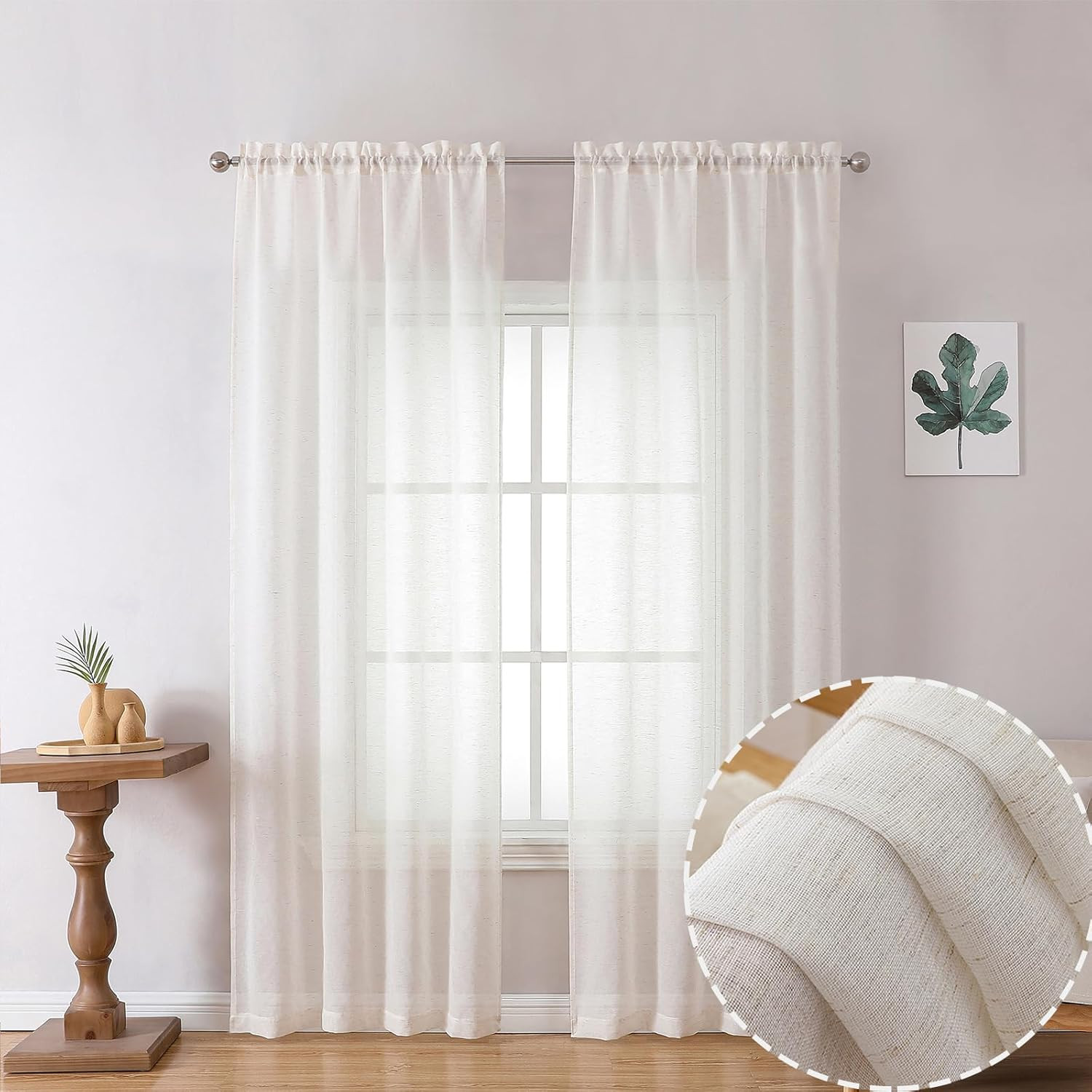 Linen Sheer Curtains 84 Inches Long 2 Panels Set for Bedroom, Natural Linen