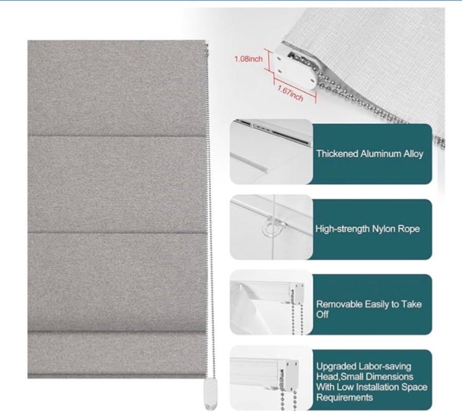 NEW Blackout Roman Shades Gray Linen, Room Dark, Thermal, Outside Mount 27w 67 h