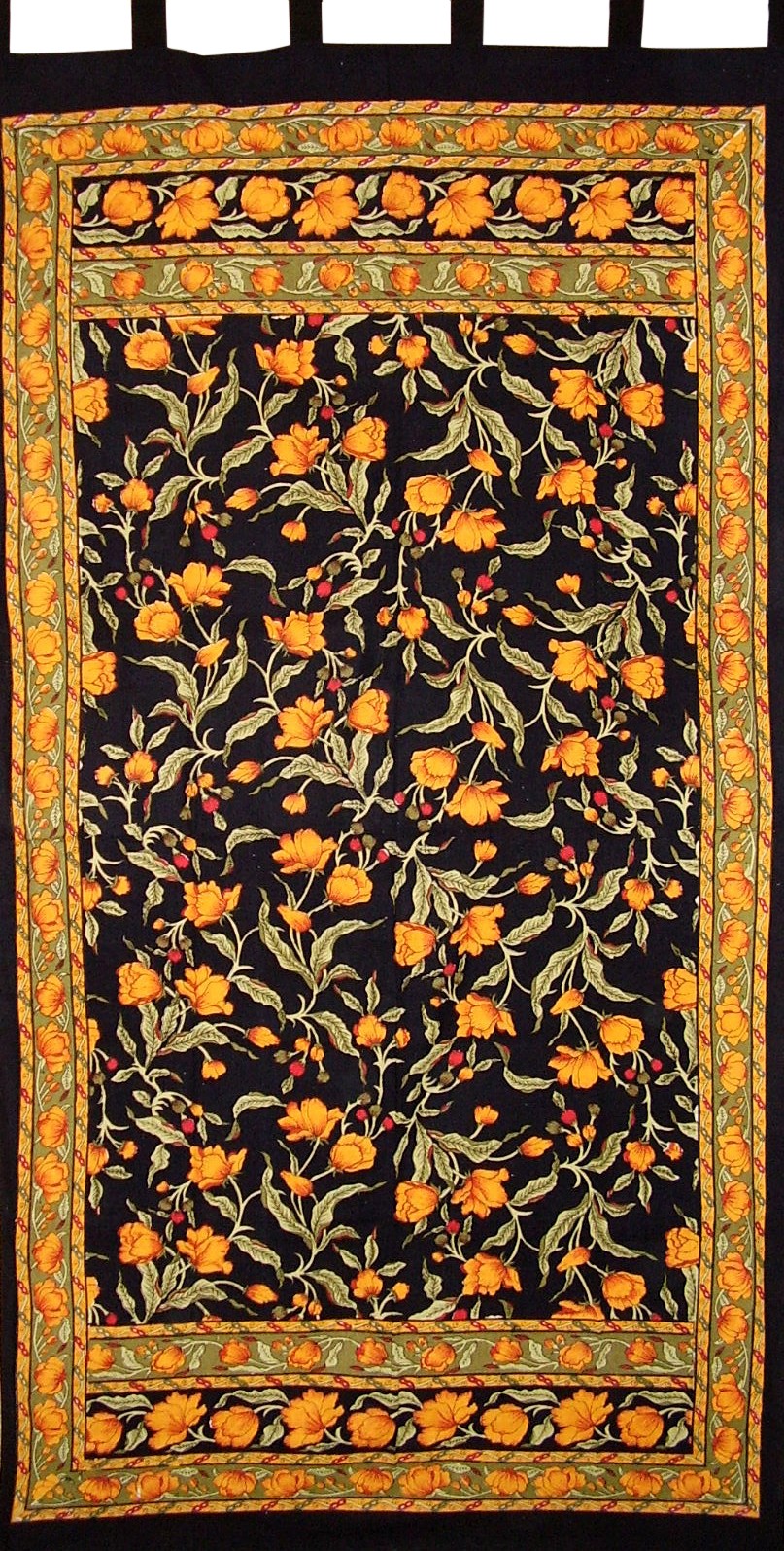 French Floral Tab Top Curtain Drape Panel Cotton 44″ x 88″ Amber Black
