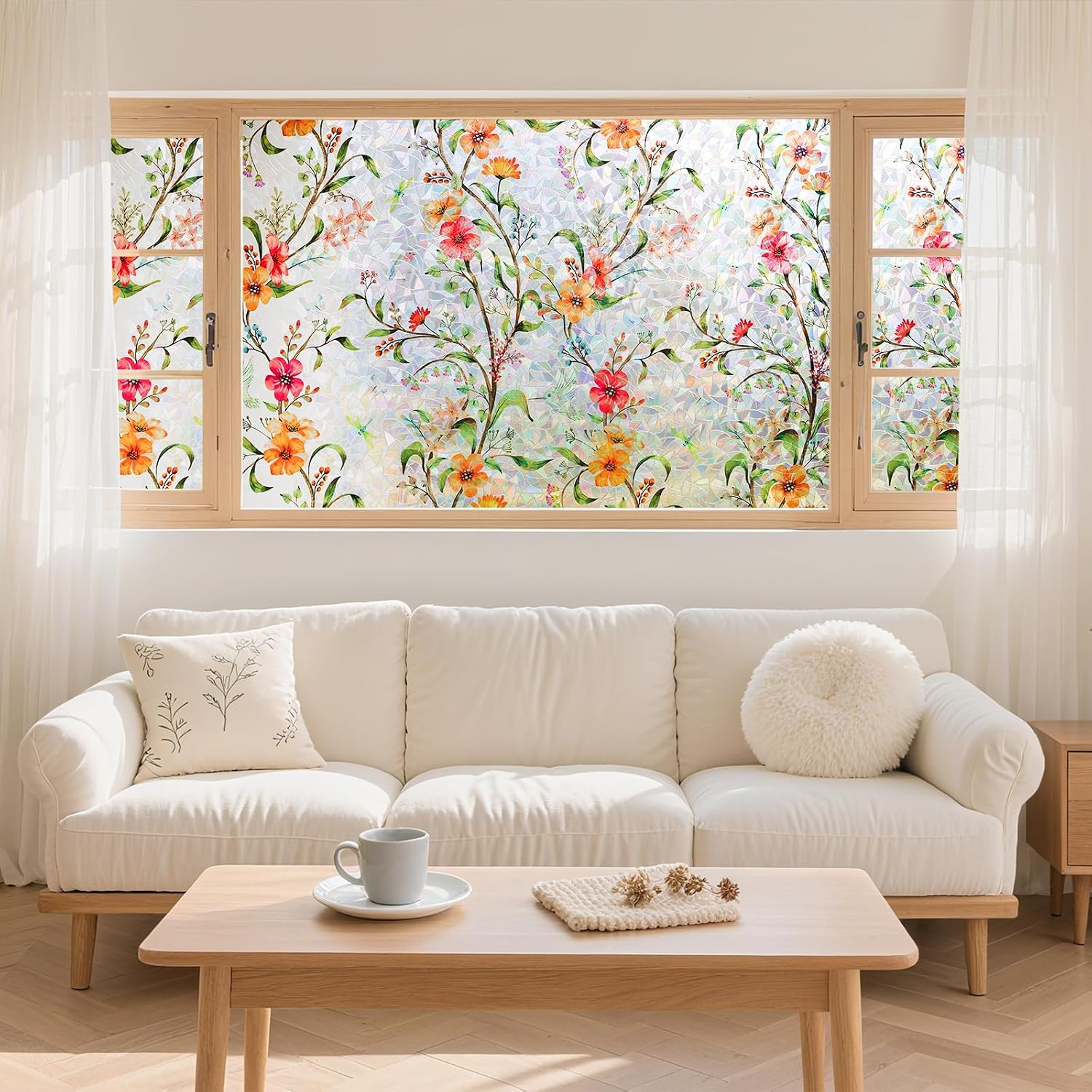 Window Privacy Film with Static Cling & 3D Rainbow Effect, Floral