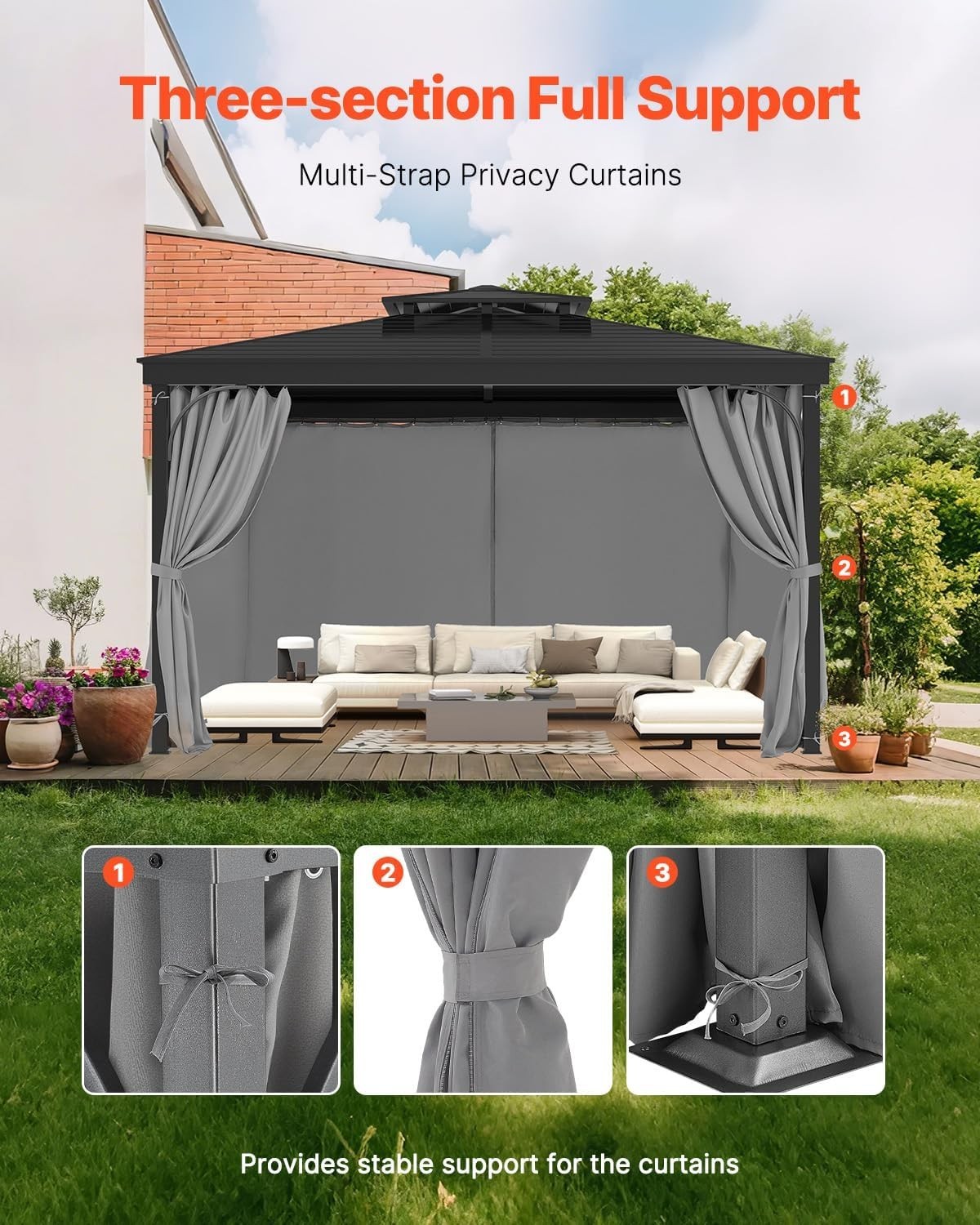 Universal 4-Panel Backyard Gazebo Curtains with Three-Section Ties – 12’ x 10’