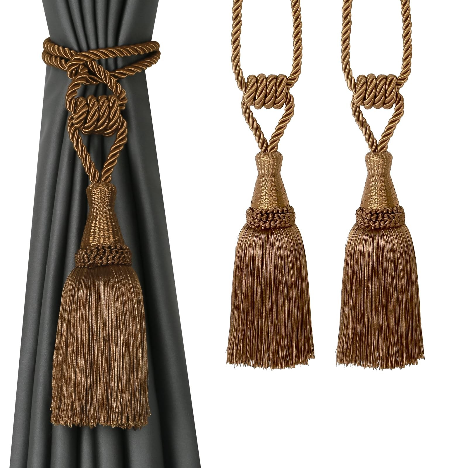 2 Pack Tassel Curtain Tiebacks Handmade Holdbacks (Coffee)