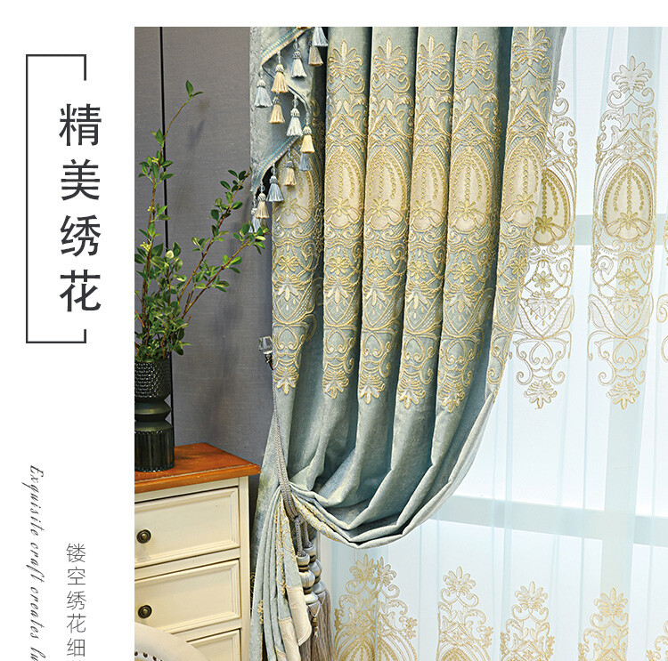 Custom high-end embroidered blue cloth blackout curtain valance drape C1143
