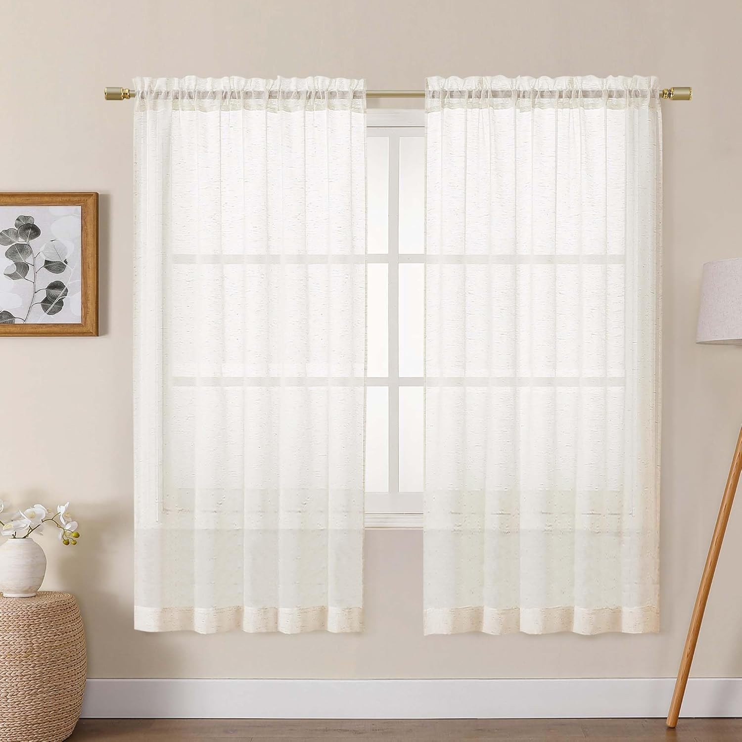 2 Pcs (1 Window) Beige Natural Linen Blend Sheer Curtains 40X63in