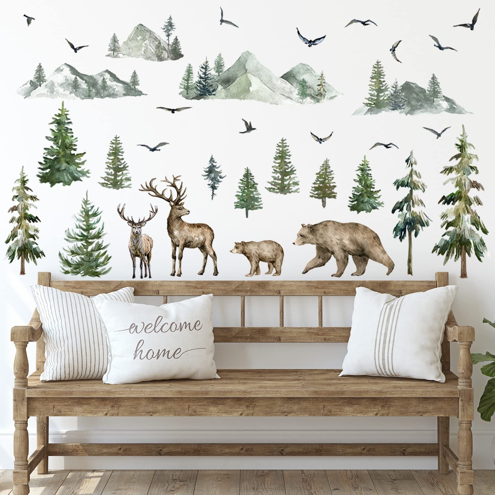 Kajaia Mountain Wall Decals Large Pine Tree Peel and Stick Forest Multicolor