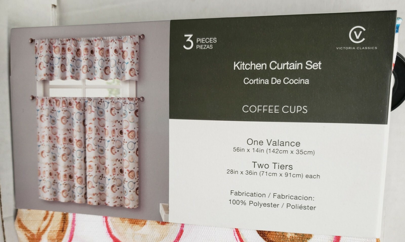3 pc. Curtains Set: Valance (56″x14″) & 2 Tiers (28″x36″) COFFEE CUPS & BEANS,VC