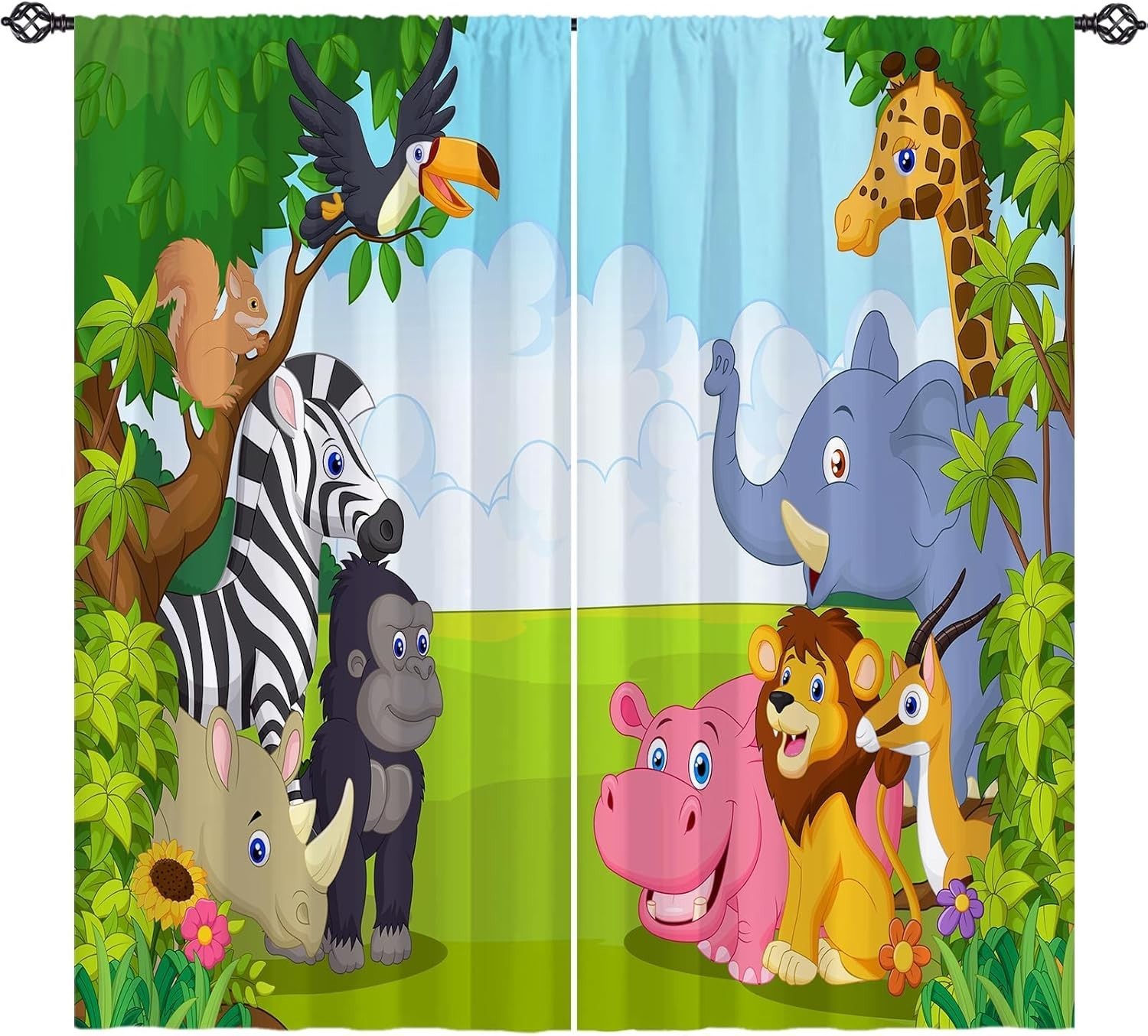 Kids Jungle Safari Animal Curtains 2 Panels 42×63 Elephant Lion Giraffe Nursery