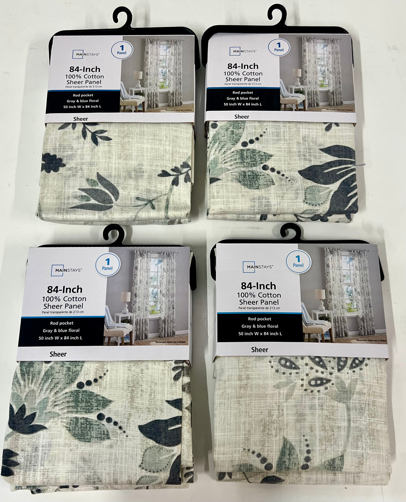LOT OF 4 Mainstays 100% Cotton Indoor 84″ Sheer Rod Pocket Single Panels