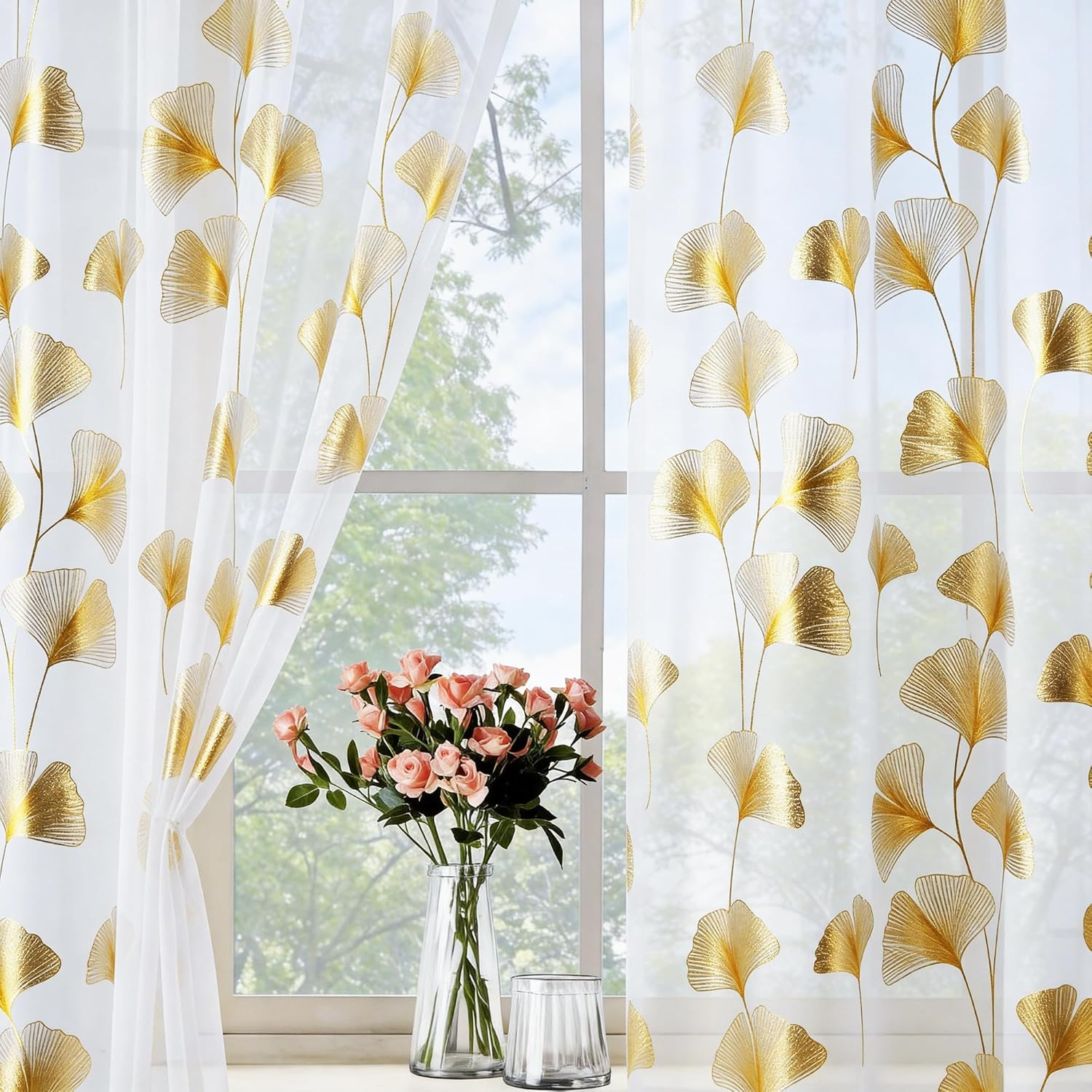 Gold Foil Print Sheer Curtains 108 Inches Long, 2 Panels Ginkgo Bronzing Treatme