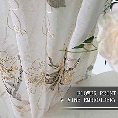 Tollpiz Floral Sheer Tier Curtain Flower Print 30″W x 36″L (Pack of 2) White