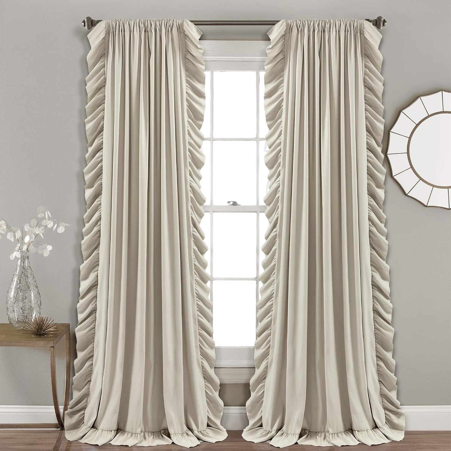 Lush Decor Reyna Ruffle Window Curtain Panel Set, Pair, 54″ W x 108″ L, Wheat –