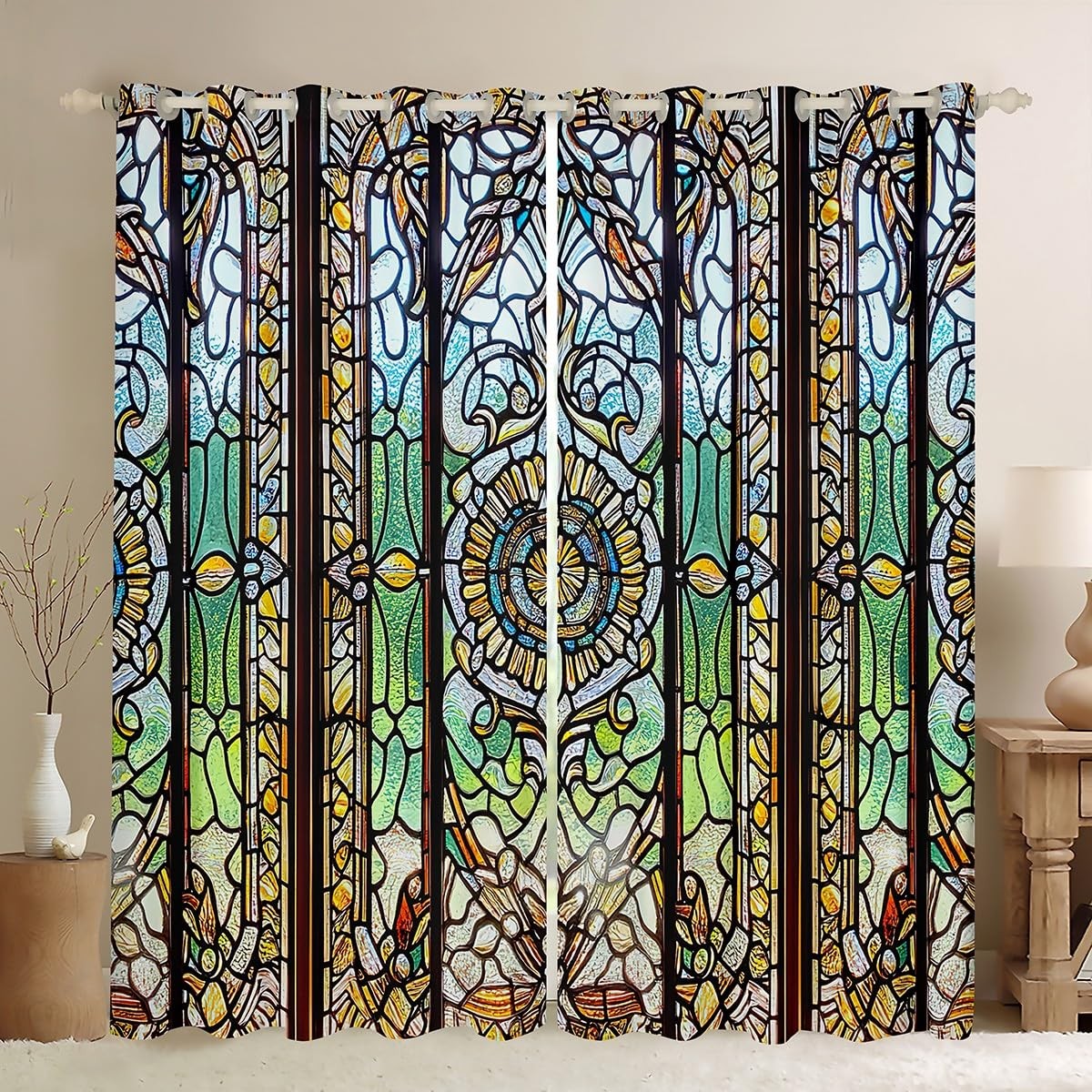 Colorful Art Glass Curtains (2 Panels, 38 x 54 Inch) Kids Boho Exotic Darkeni…