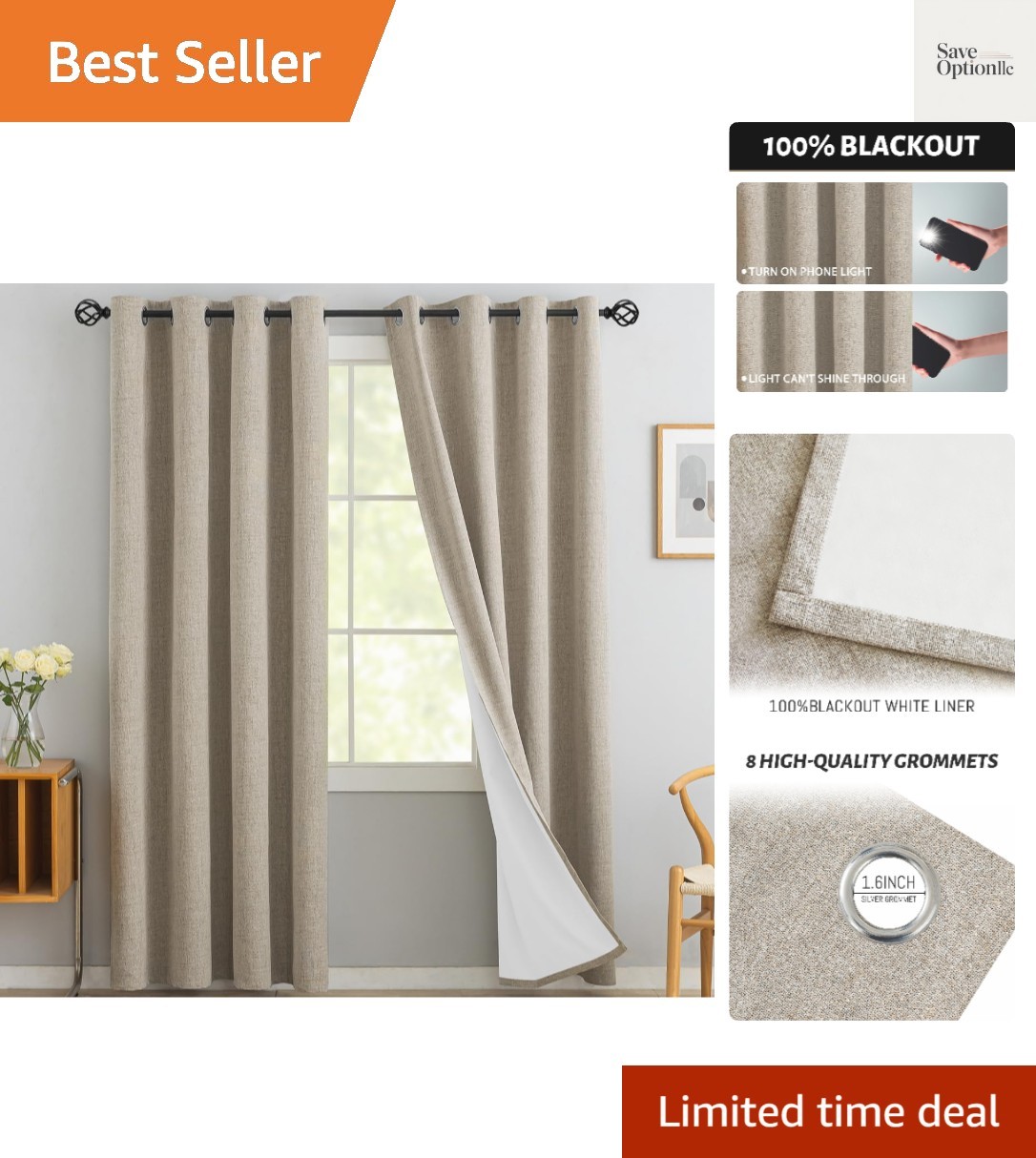 Natural Linen Curtains 100% Blackout 84 Inches Long,Room Darkening Textured C…