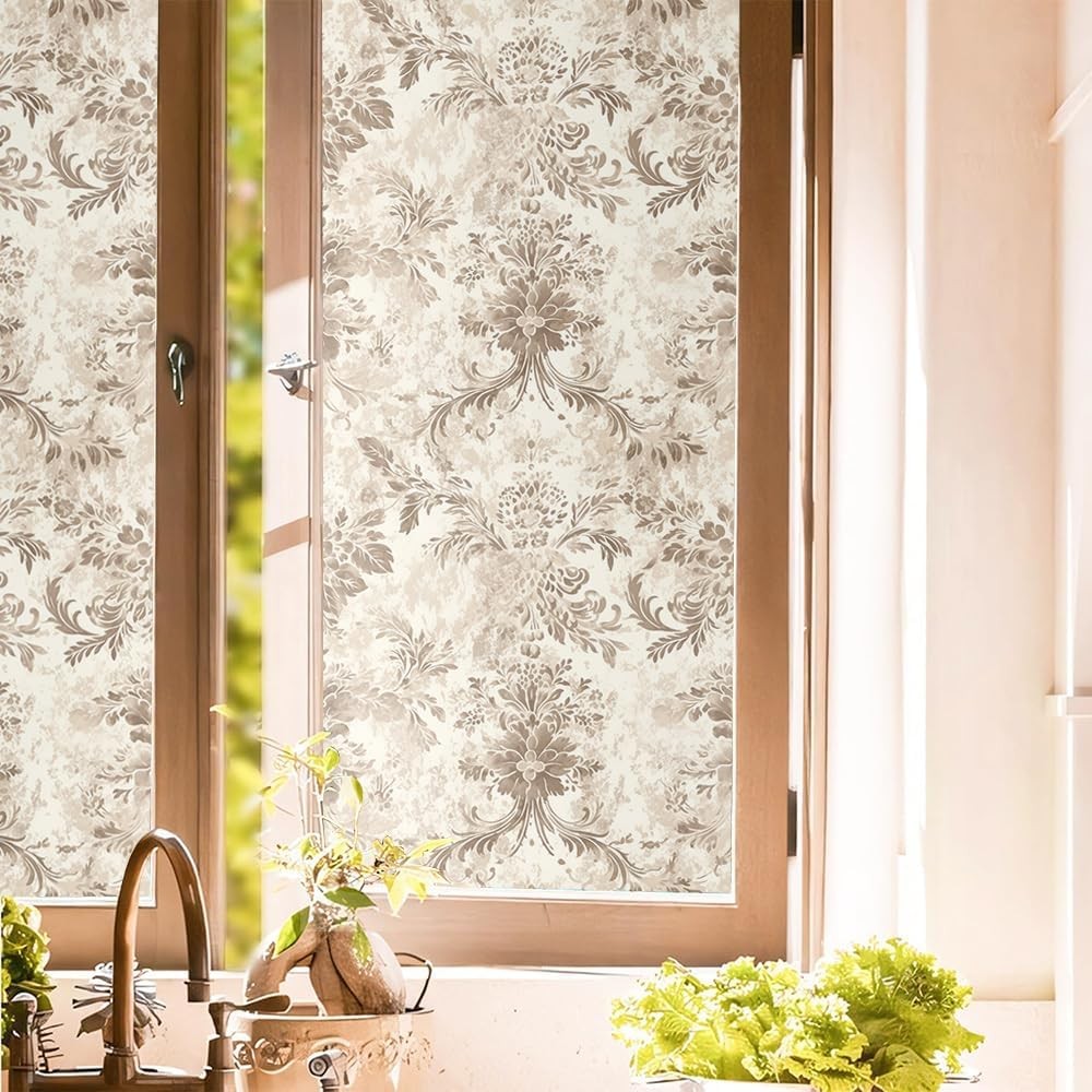 Vintage Beige Brown Grey Damask Flower Stained Glass Window Films Decorative