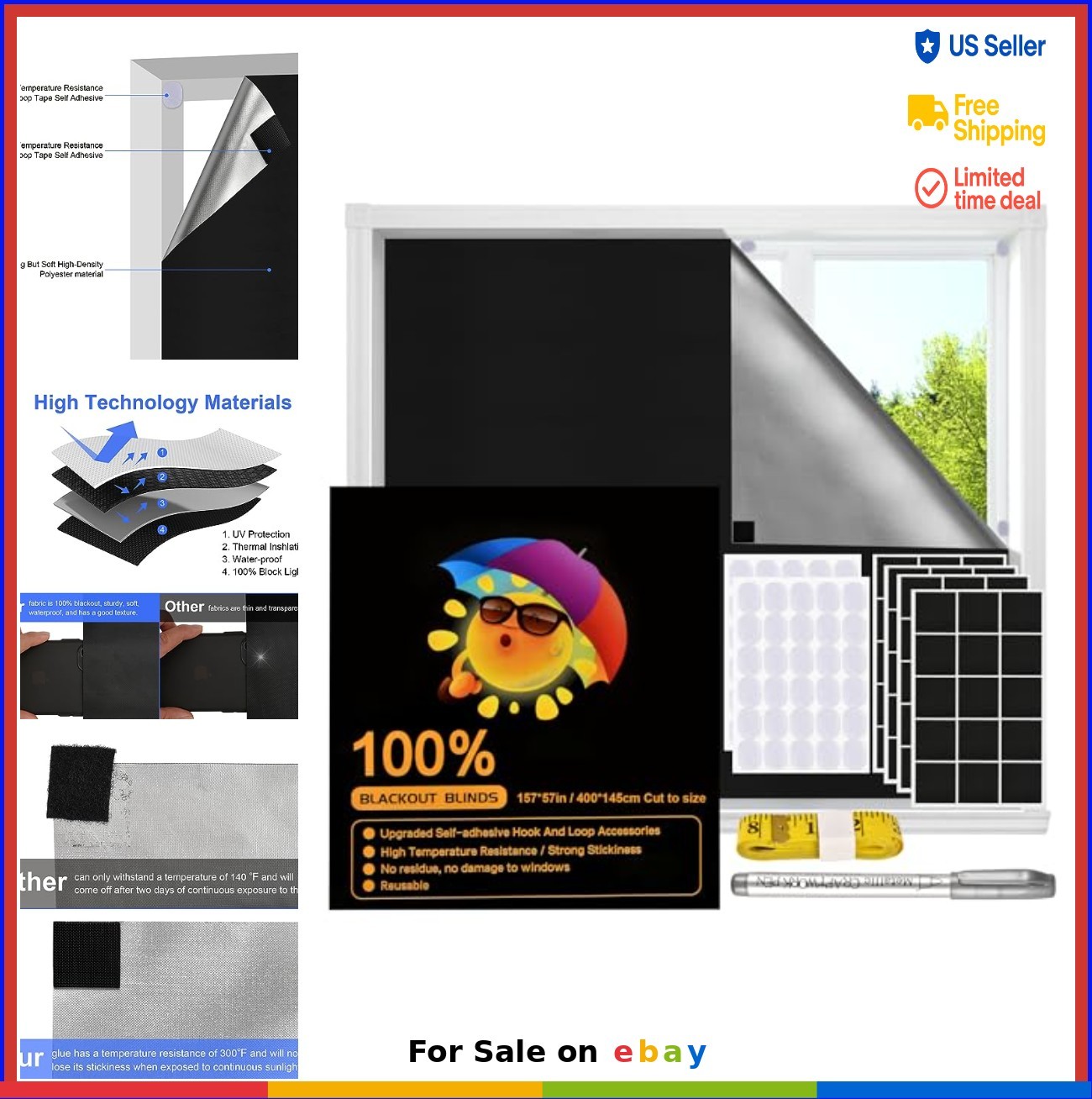 Blackout Window Cover 157×57 Inch Hook and Loop Portable Shades No Residue for