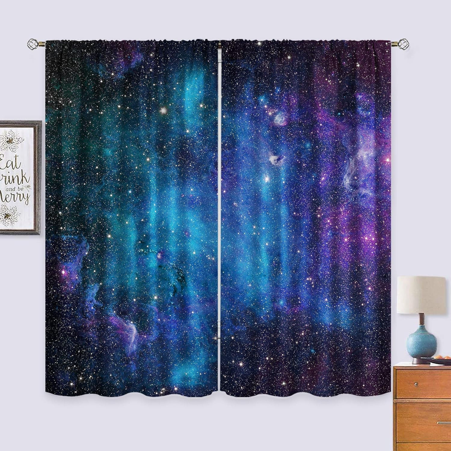 Kids Galaxy Curtains Outer Space Nebula Blue Starry Window Drapes 42×63