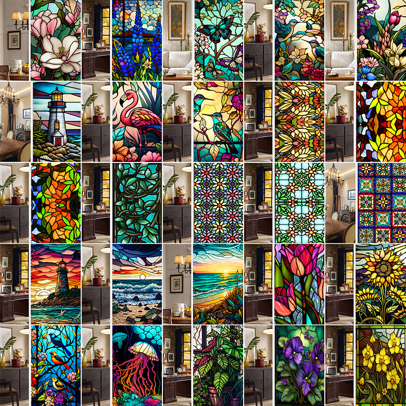 Colorful Retro Flower Birds Window Glass Electrostatic Stickers Removable