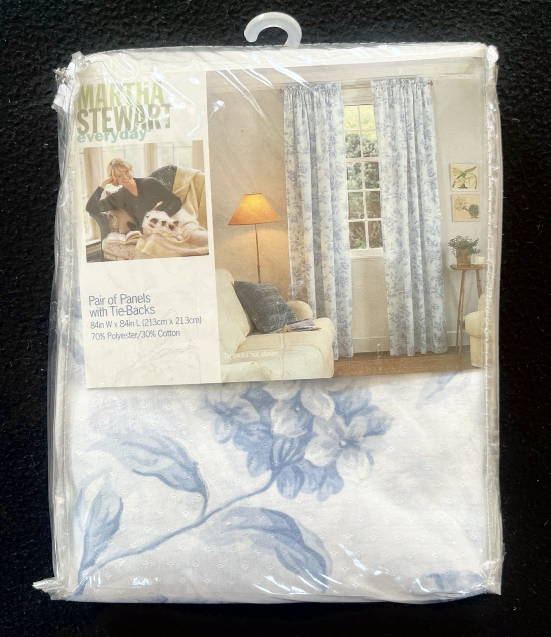 NEW Vtg MARTHA STEWART Blue White Floral Curtain Panel Set Rose Vine 84” USA 90s