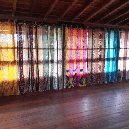 2 pc set Indian Vintage Sari Patchwork Curtain Drape Window Decor Silk Curtain