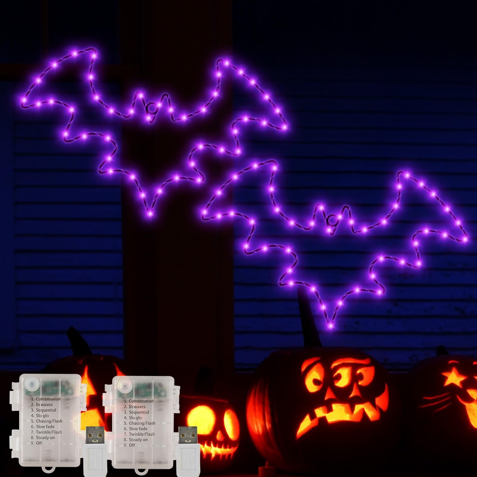 Halloween Decorations, 2 Pack Bat Window Lights, 8 Modes Battery Operated