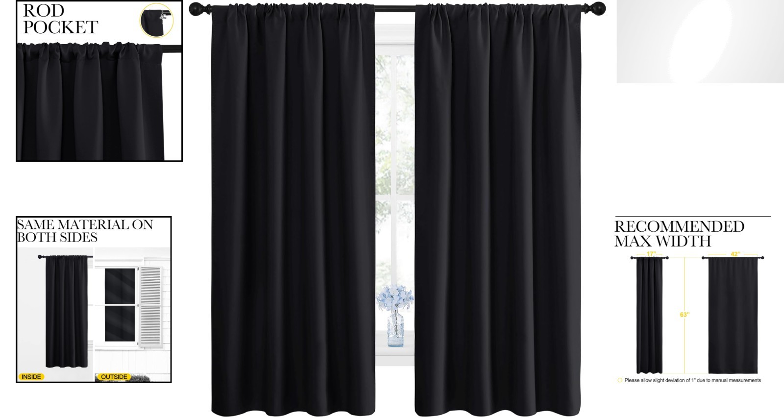 Solid Black Thermal Insulated Curtains – 42″ W x 63″ L, Block 85%-99% Light