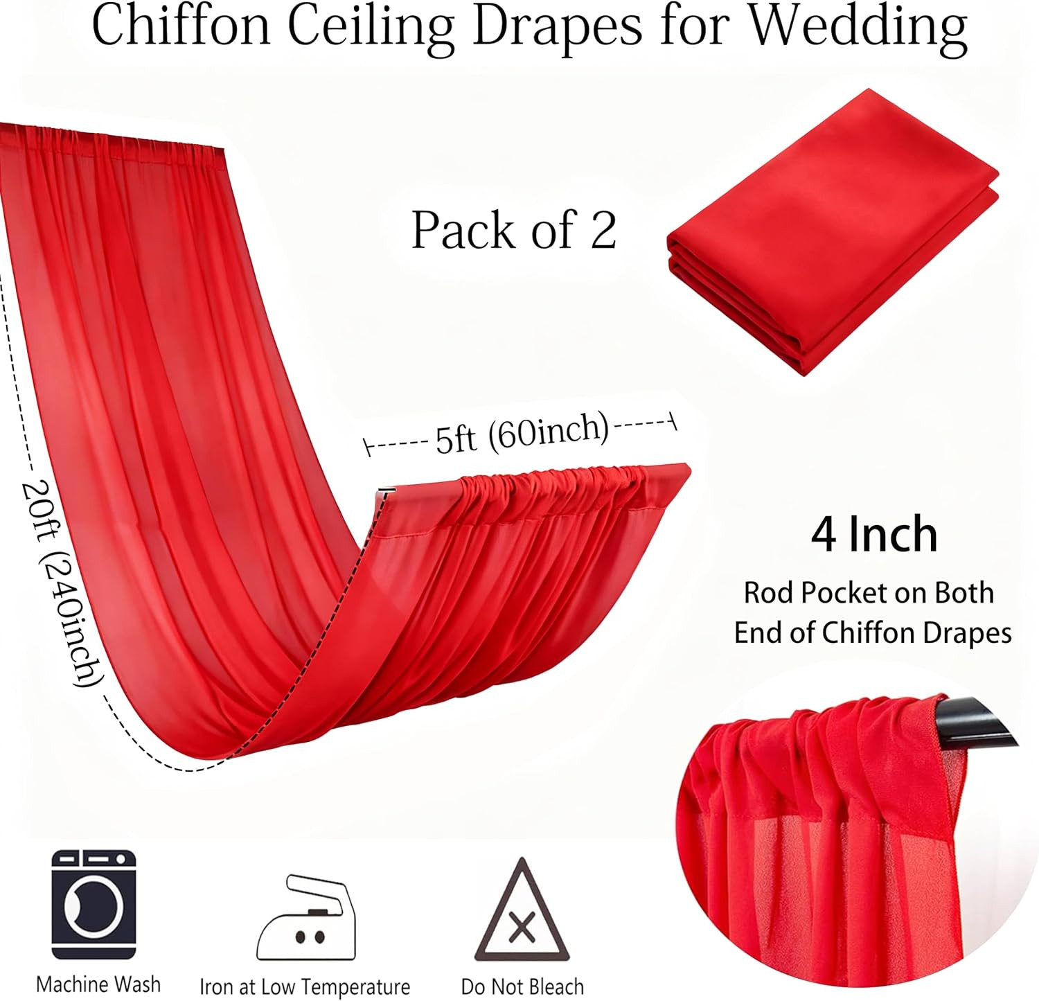 2 Panels Red Chiffon Ceiling Drapes for Weddings 5Ftx20Ft Wedding Drapery