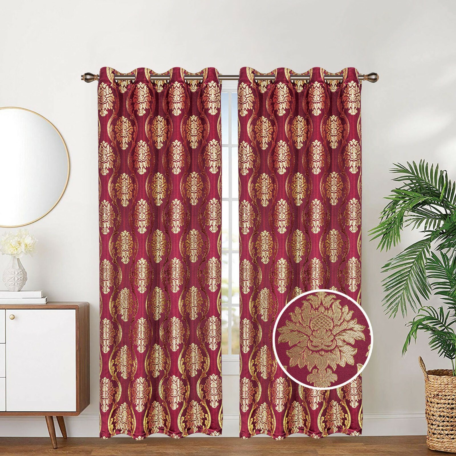 Embroidered Lined and Interlined Grommet Top Window Curtain Panel Drape, 81032