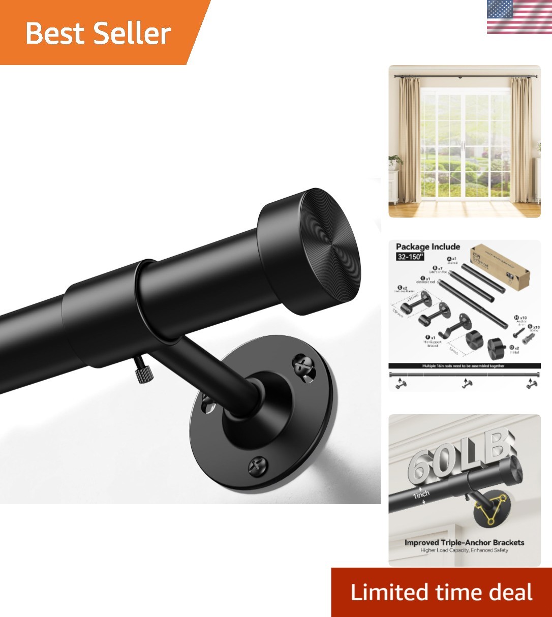 Heavy Duty Curtain Rod 32-150 Inch Black Adjustable Window Treatment Rods