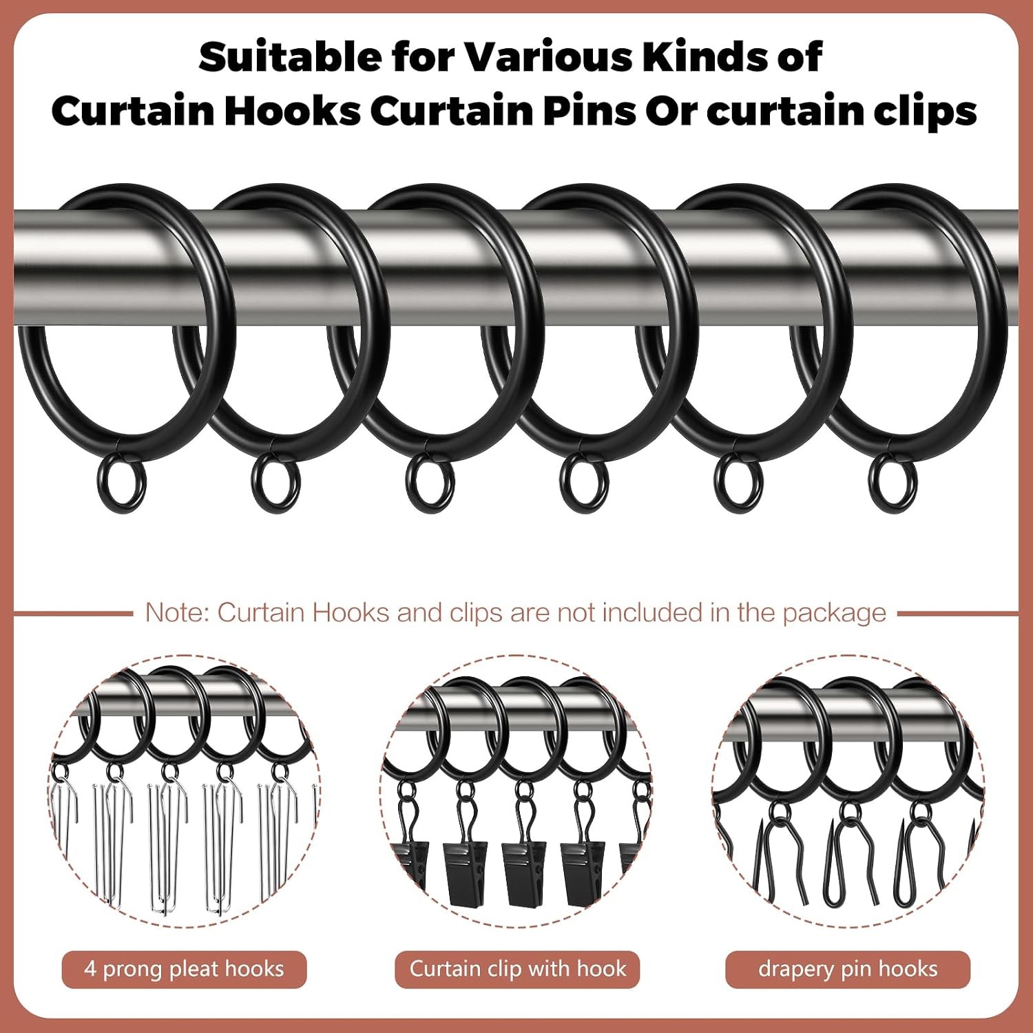 48 Pack Curtain Rings With Eyelets Metal Black Curtain Rings For Pinch Pleat …
