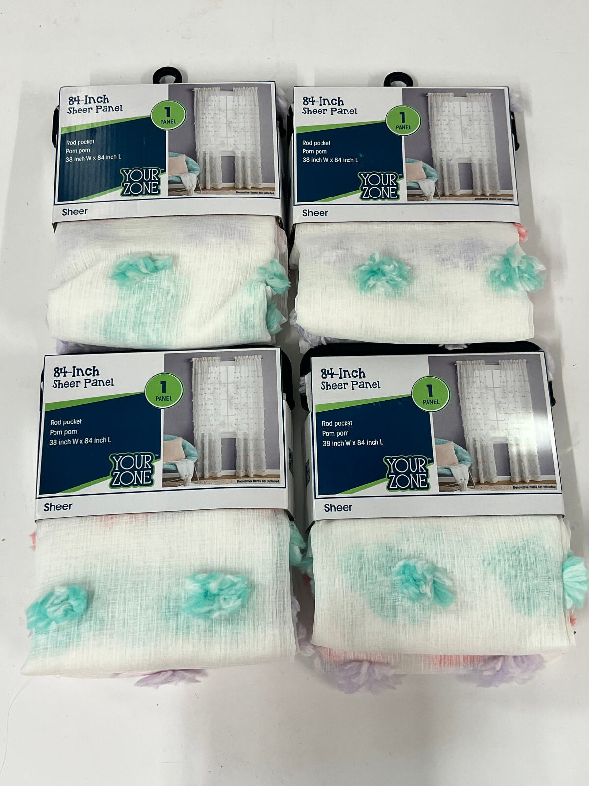 LOT OF 4 PANELS Your Zone White Sheer Pom 38″x 84″ Rod Pocket Window Curtains