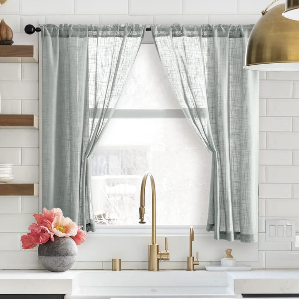 Grey Curtains 48 Inch Length for Bathroom Window 2 Panels,Semi Sheer Rod Pocket