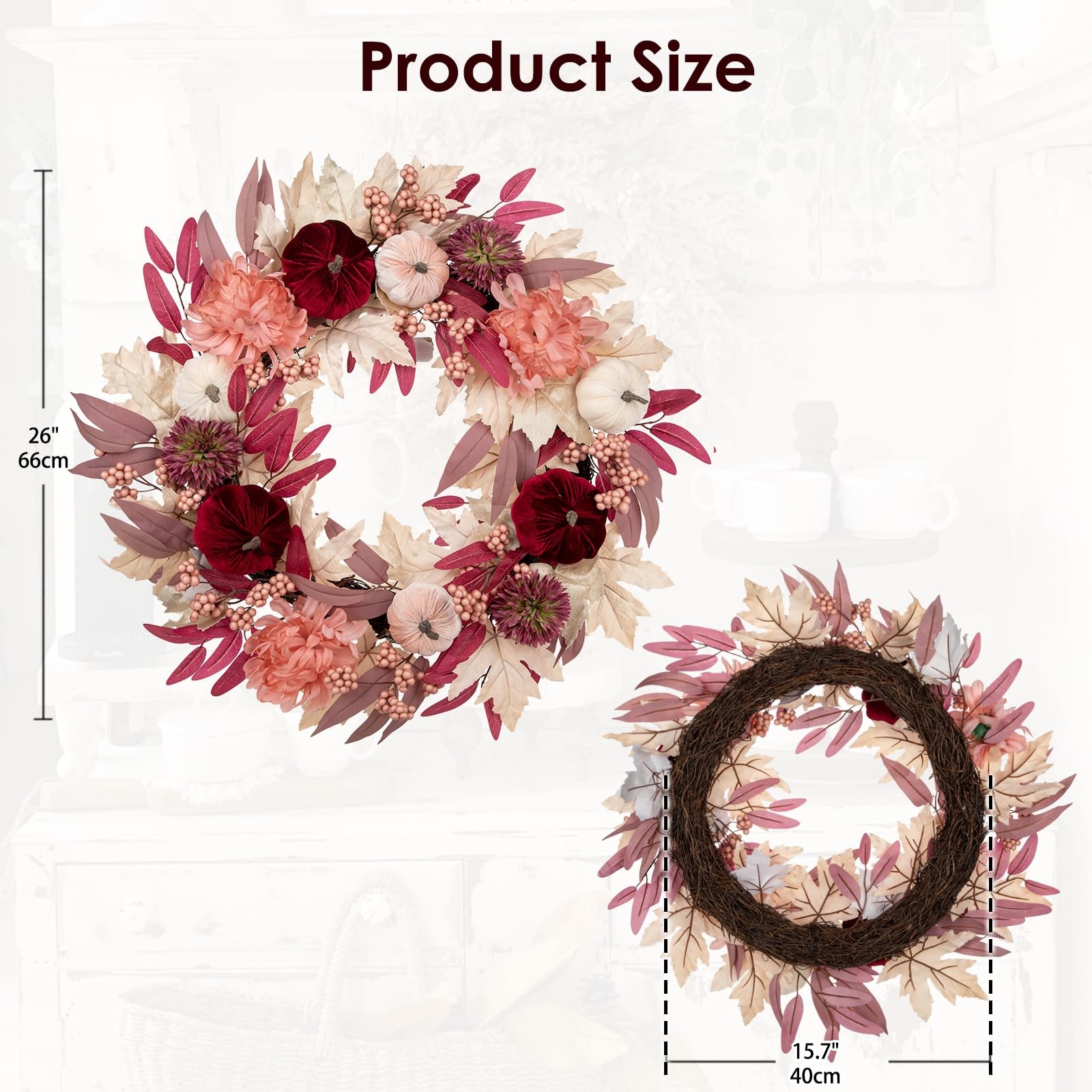 Briful 26″ Artificial Fall Wreath with Velvet Pumpkins, Chrysanthemums & Pink…