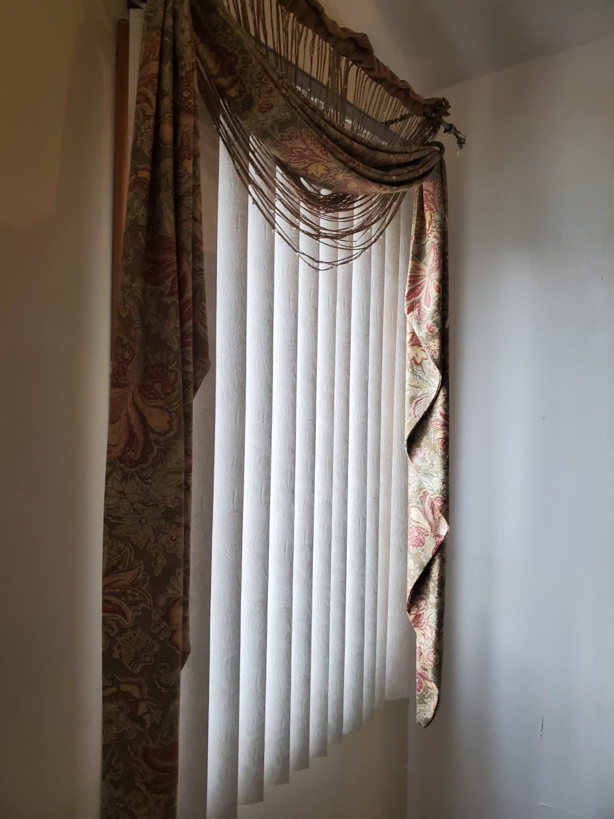 TWO (2) CUSTOM MADE 72″ L X 25″ W JACOBEAN MUTED MULTI-COLOR LONG SCARF VALANCES