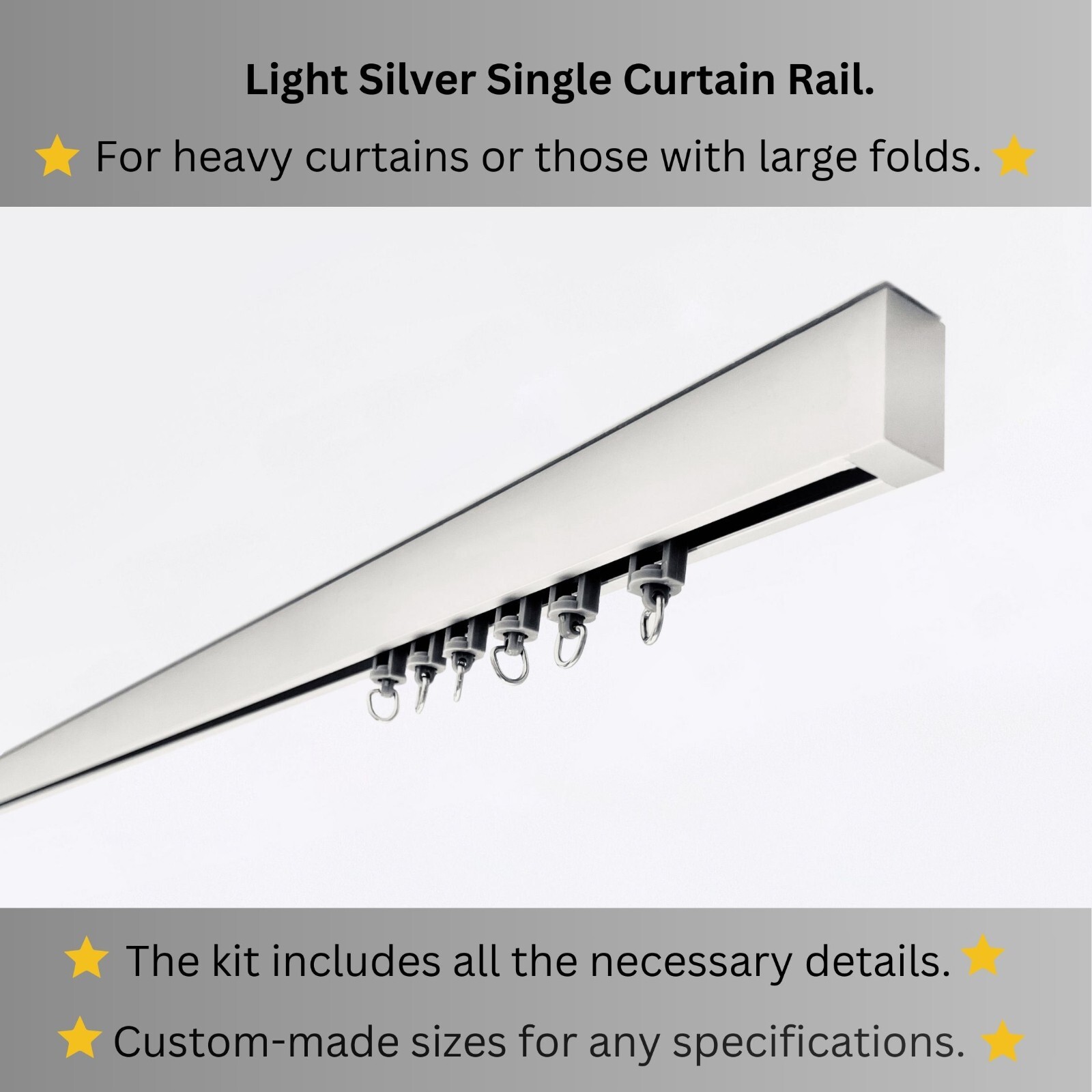Premium Silver Single Curtain Rail – Heavy-Duty, Ceiling mount, Any custom Sizes