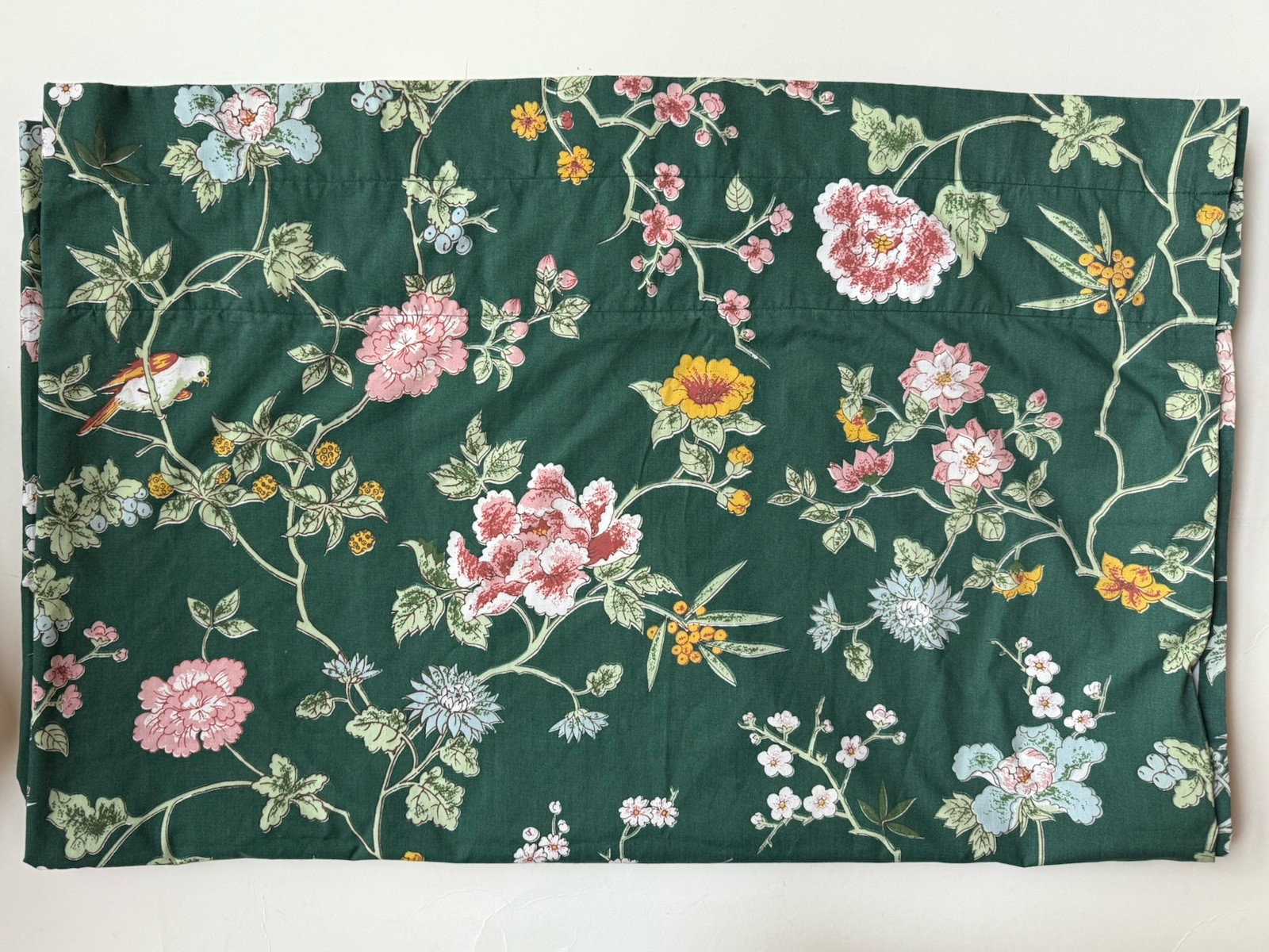RARE! Vintage *GREEN Floral Flower BIRDS LINED CURTAIN PANEL 81x 63