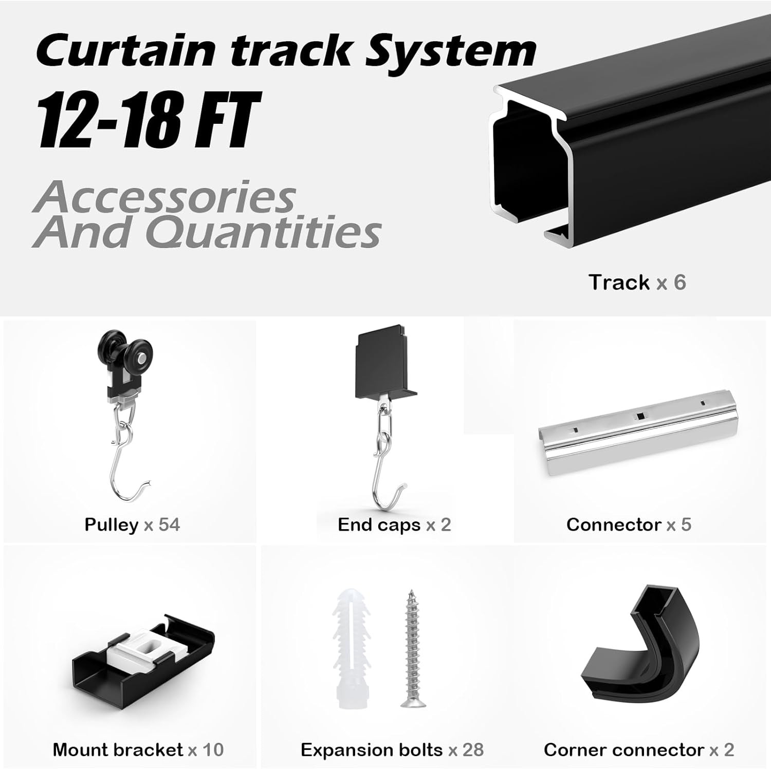 Ceiling Track Room Divider Set for Curtains – 12-18 Ft Black Rail System