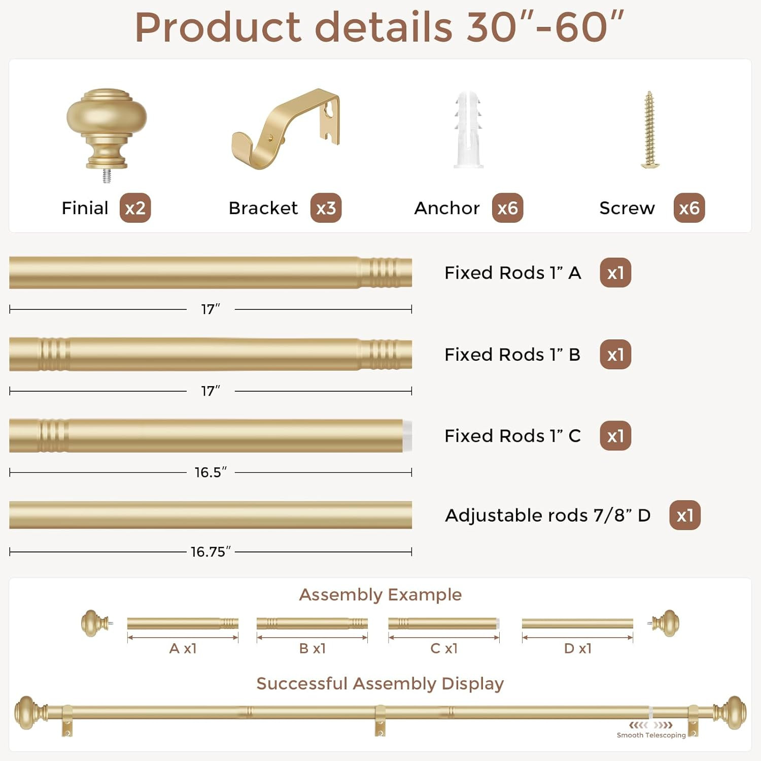 Gold Curtain Rods for Windows 30 to 56 Inch, Decorative Heavy Duty Single-Side A