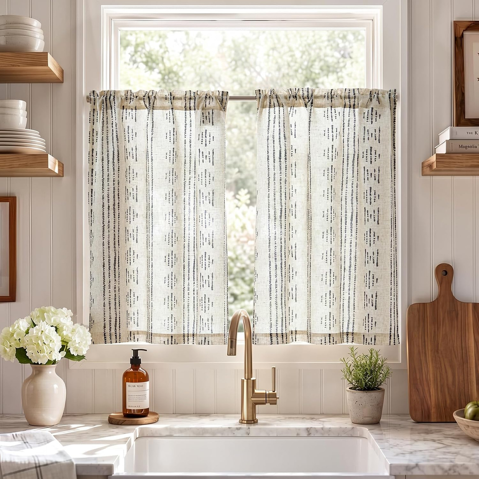 Boho Linen Tier Curtains 26 Inches Light Filtering Striped Cafe Small Drapes