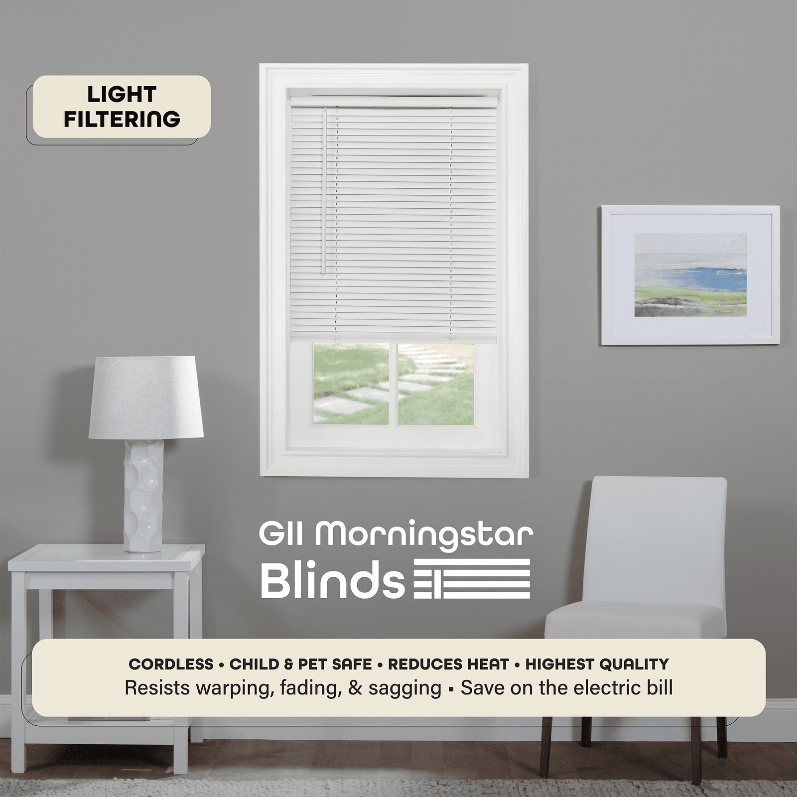 CORDLESS WINDOW BLINDS 64 Inch Long/24-70 Inch Wide/Vinyl/Light Filtering/White
