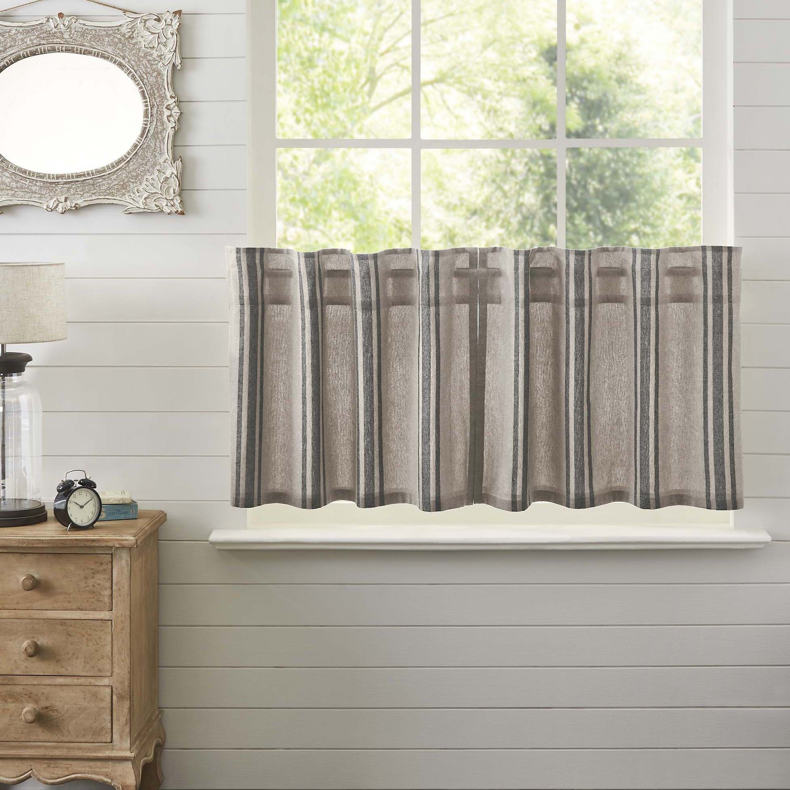 VHC Brands Farmhouse 24″x36″ Tier Pair Black Rod Pocket Kitchen Window Curtains