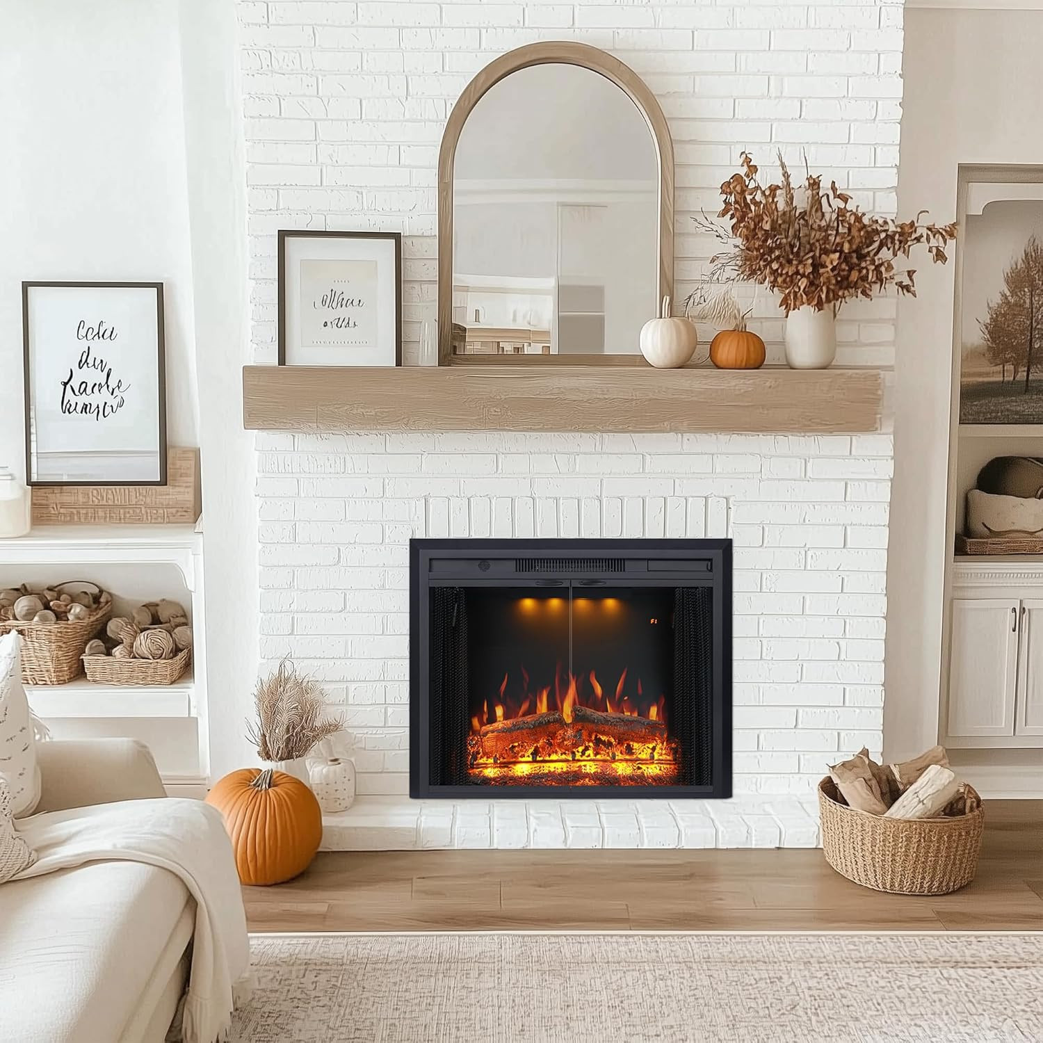 33” W Electric Fireplace Insert with Low/High Temperature Settings, Movable Mesh